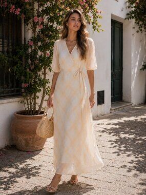 En Saison Window Pane Sheer Maxi Wrap Dress in Yellow Checker